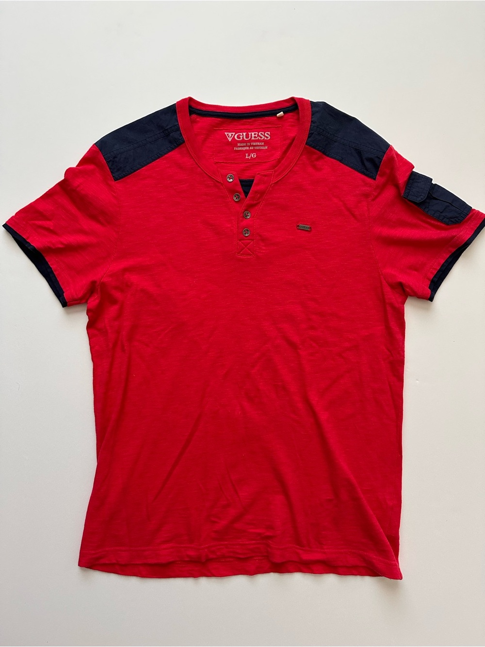 GUESS Red Short-Sleeve Henley with Navy Shoulder and Sleeve Trim